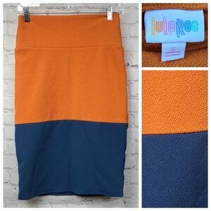 LuLaRoe Cassie Skirt Small Orange Blue Colorblock Jacquard Stretch Pencil Skirt